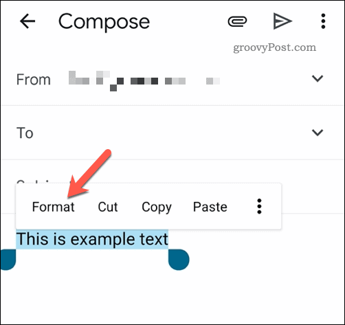 Formatowanie zaznaczonego tekstu w aplikacji Gmail na urządzeniu mobilnym