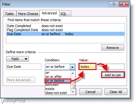Zrzut ekranu: Filtr konfiguracji paska zadań programu Outlook 2007 Dzisiaj