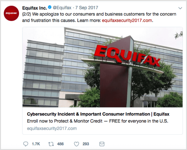 Post społecznościowy Equifax z poprawnym adresem URL,