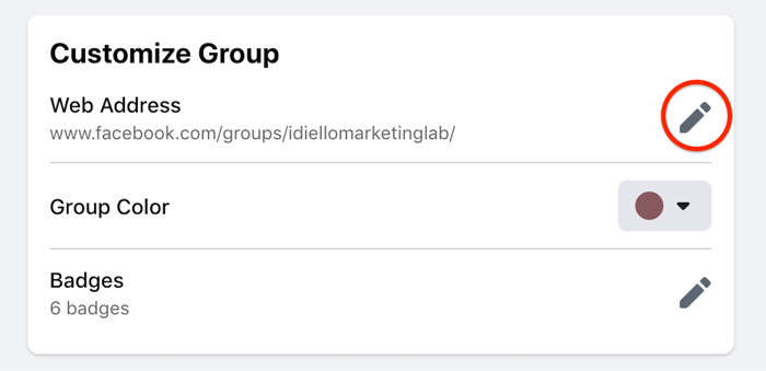 facebook dostosuj opcję ustawień grupy podświetloną, aby edytować adres internetowy