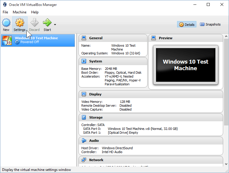 09 Otwieranie ustawień VirtualBox (instalacja systemu Windows 10)