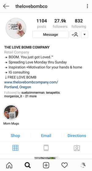 Przykład profilu biznesowego na Instagramie z ofertą @thelovebombco.
