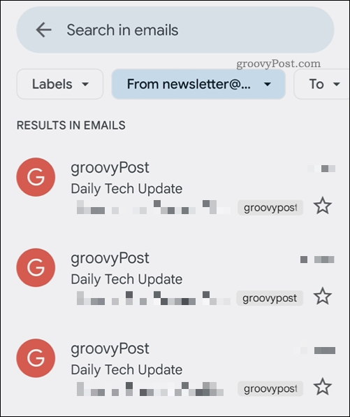 Wyniki wyszukiwania aplikacji Gmail