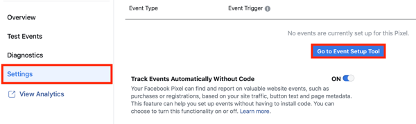 Skorzystaj z narzędzia konfiguracji wydarzeń na Facebooku, krok 2, przejdź do przycisku narzędzia konfiguracji wydarzenia na karcie Ustawienia