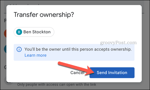 Wyślij zaproszenie do przeniesienia własności w Dokumentach Google