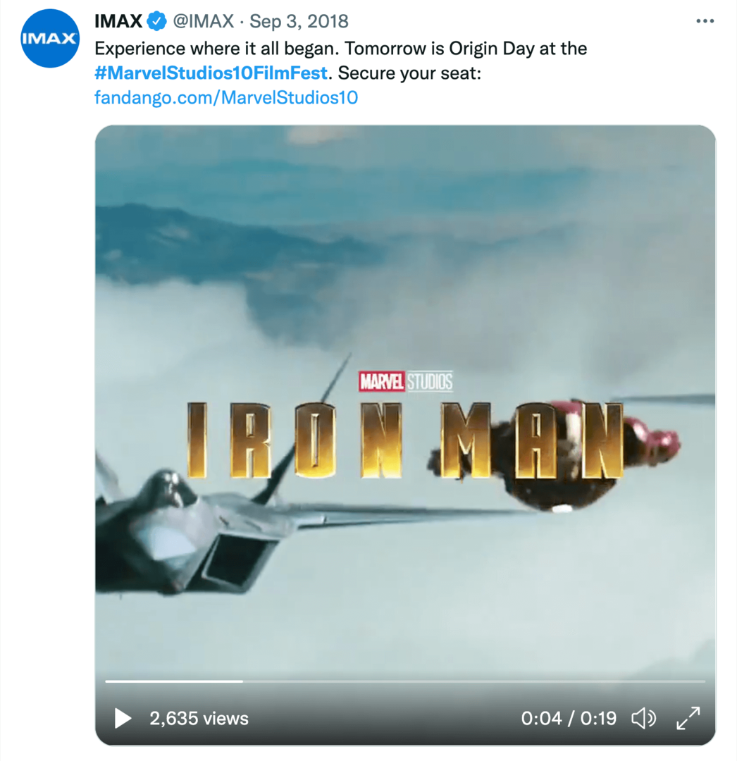 obraz tweeta IMAX o 10-letnim festiwalu filmowym Marvel Studios