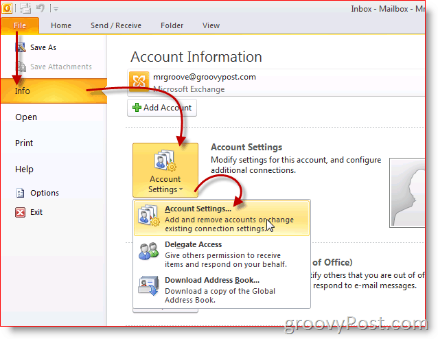 Zrzut ekranu programu Outlook 2010 Ustawienia konta