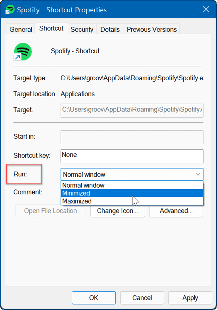 właściwości skrótów uruchamiają aplikacje podczas uruchamiania w systemie Windows 11