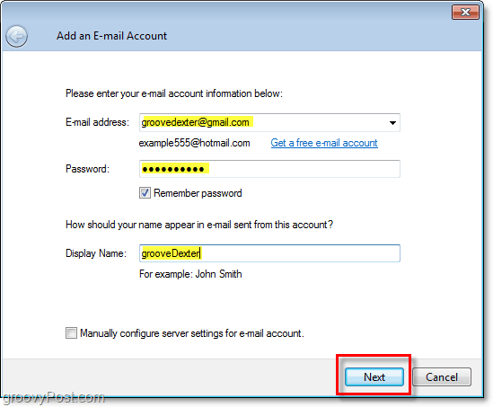 wprowadź dane logowania do konta e-mail w Windows Live Mail