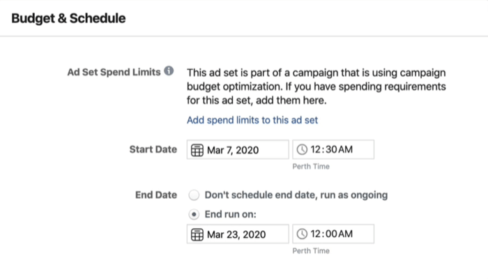 Sekcja Budżet i harmonogram na poziomie zestawu reklam w Menedżerze reklam na Facebooku