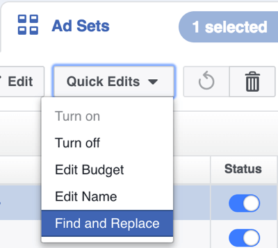 W edytorze Power Editor kliknij opcję Szybkie edycje i wybierz opcję Znajdź i zamień z menu rozwijanego.