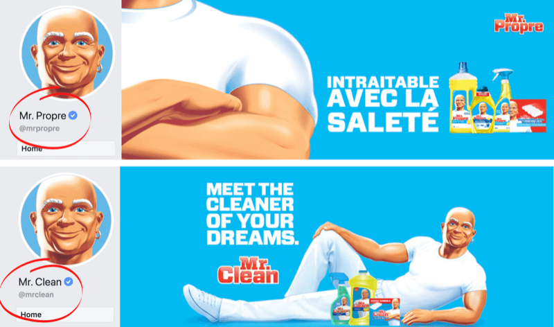 Strona na Facebooku i zdjęcie w tle przedstawiające różnice językowe dla marki Mr. Clean na rynkach Francji / Belgii i USA