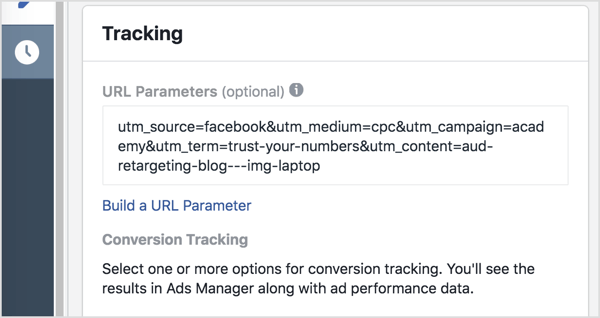 W Menedżerze reklam dodaj parametry śledzenia (wszystko po znaku zapytania) w polu Parametry adresu URL.