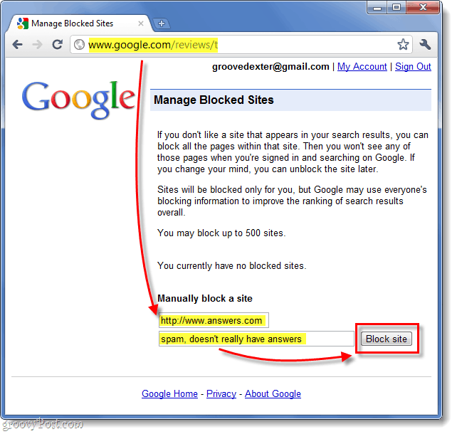 ręcznie zablokuj witrynę w wynikach wyszukiwania Google 
