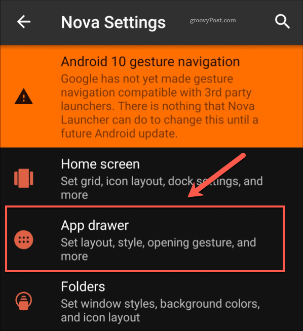 Opcja menu szuflady aplikacji Nova Settings