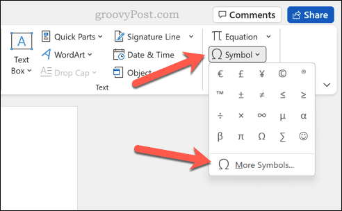 Otwórz menu Symbole w programie Word