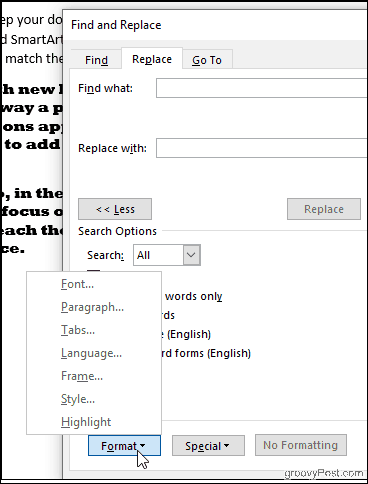 Kliknij Znajdź format w programie Word
