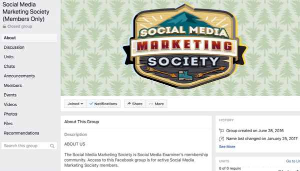 Jak korzystać z funkcji grup na Facebooku, przykład strony grupy na Facebooku dla Social Media Marketing Society