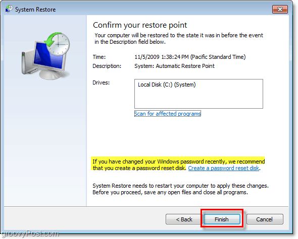 jak potwierdzić, że przywracasz system Windows 7 z punktem przywracania i utwórz dysk resetowania hasła