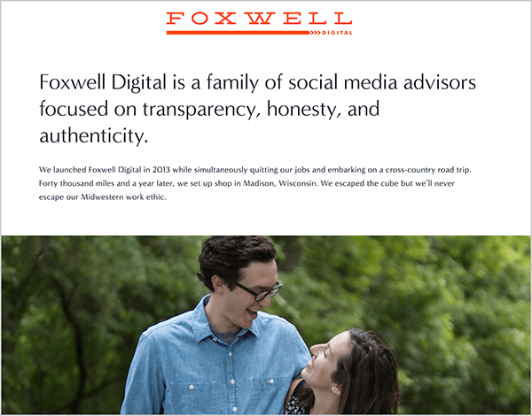 Andrew Foxwell wraz z żoną prowadzi Foxwell Digital. Na ich stronie internetowej u góry pojawia się logo Foxwell Digital, po którym następuje tekst „Foxwell Digital to rodzina doradców ds. Mediów społecznościowych na przejrzystości, uczciwości i autentyczności ”. Poniżej tego tekstu znajduje się zdjęcie Andrzeja i jego żony patrzących na siebie przed zielonymi, liściastymi drzewami.
