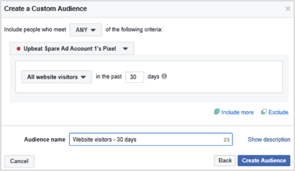 Wybierz opcje, aby skonfigurować niestandardową grupę docelową na Facebooku dla wszystkich odwiedzających witrynę w ciągu ostatnich 30 dni
