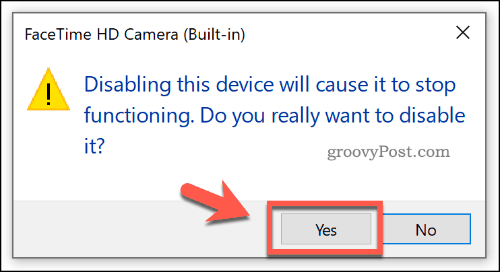 Potwierdzenie wyłączenia urządzenia w Menedżerze urządzeń w systemie Windows 10