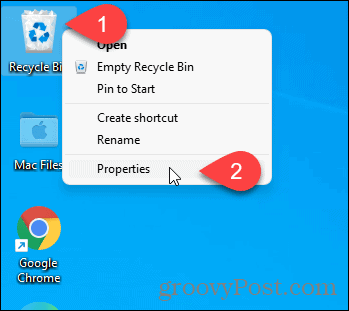 Uzyskaj właściwości Kosza za pomocą ikony na pulpicie w systemie Windows 11