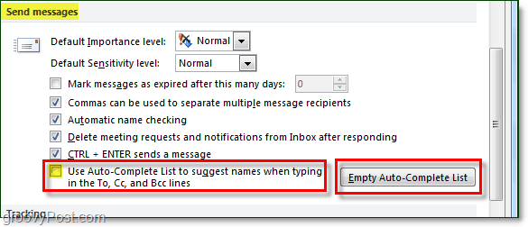 wyłącz autouzupełnianie w programie Outlook 2010 i wyczyść pamięć podręczną autouzupełniania