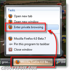 uruchom prywatne przeglądanie firefox z paska zadań Windows 7