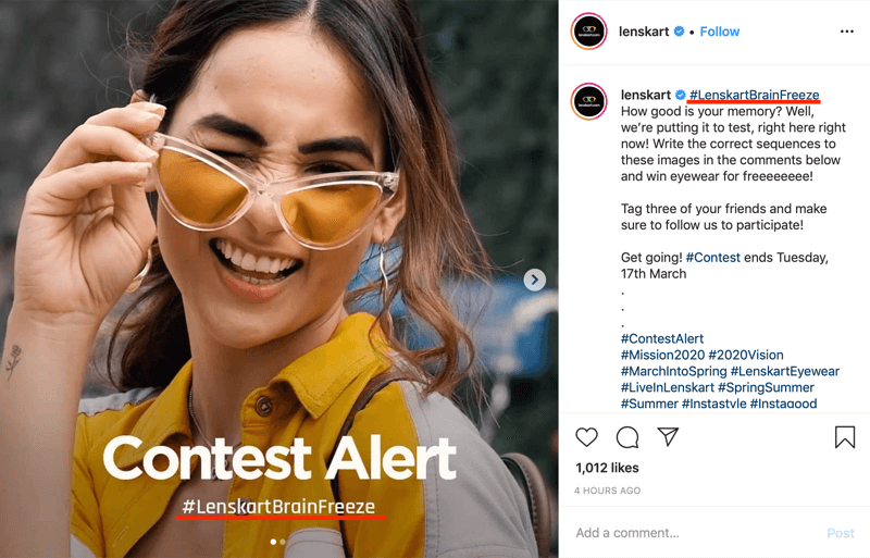 przykład postu konkursowego na Instagramie, który zawiera markowy hashtag w obrazie i podpisie