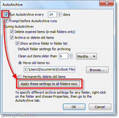 włącz automatyczne archiwizowanie dla wszystkich wiadomości e-mail programu Outlook 2010