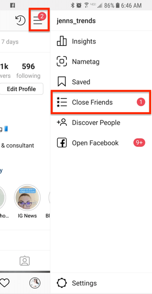 Opcja dla bliskich przyjaciół z profilu na Instagramie.