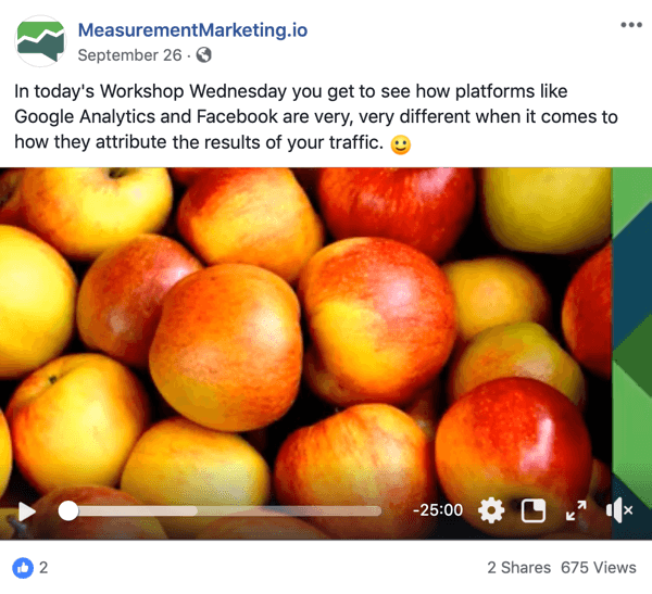 To jest zrzut ekranu posta na Facebooku ze strony MeasurementMarking.io. W poście znajduje się również film promujący magnes przyciągający uwagę Chrisa Mercera w warsztatach Workshop Wednesdays. Użytkownicy, którzy oglądają lub klikają wideo, mogli osiągnąć cel związany ze zwiększaniem świadomości.