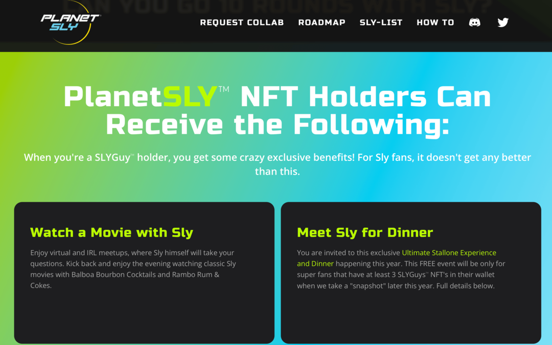 obraz strony PlanetSly wyjaśniającej korzyści dla posiadaczy SLYGuy NFT