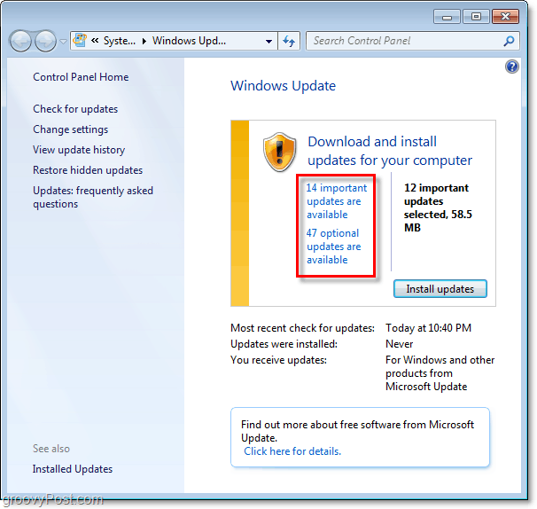 Windows 7 - zrzut ekranu strony Windows Update