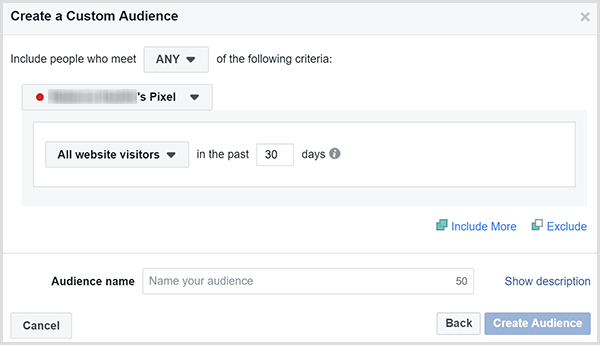 Okno dialogowe Facebook Create a Custom Audience ma opcję kierowania reklam do wszystkich odwiedzających witrynę w ciągu określonej liczby dni.