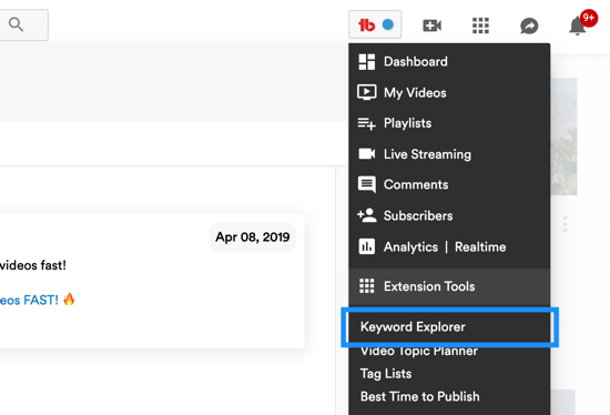 Jak wykorzystać serię filmów, aby rozwinąć swój kanał YouTube, opcja menu narzędzia eksploratora słów kluczowych TubeBuddy