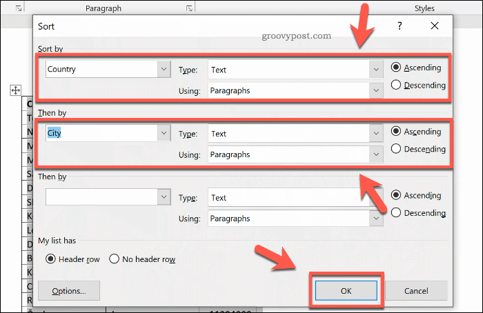 Opcje sortowania tabeli w programie Word