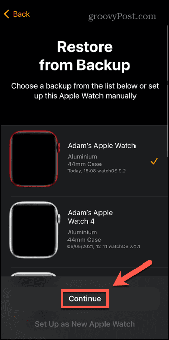 Apple Watch wybierz kopię zapasową