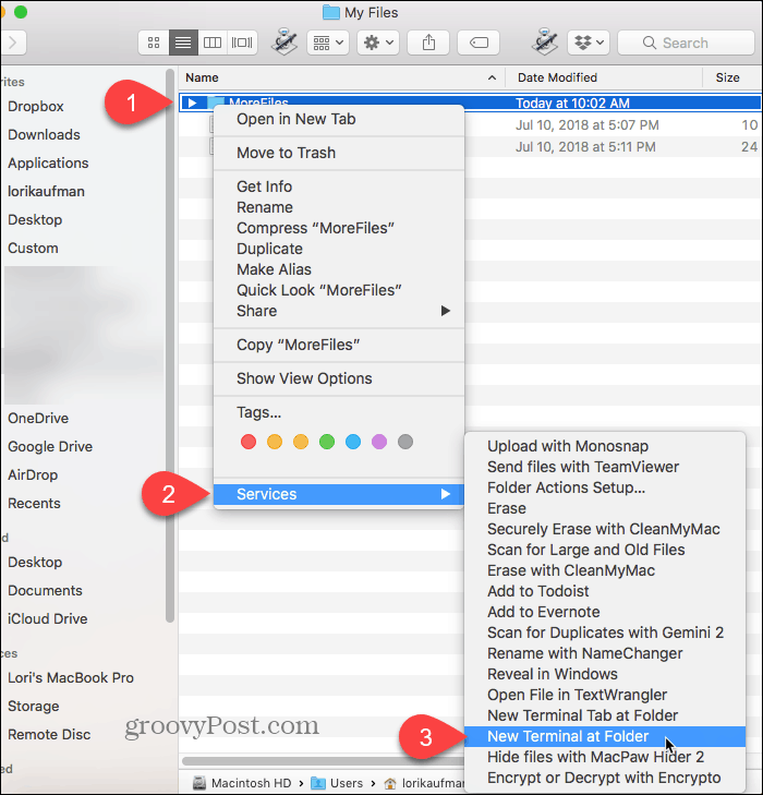 Wybierz Nowy terminal w folderze na komputerze Mac