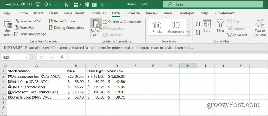 odświeżanie danych giełdowych w programie Excel