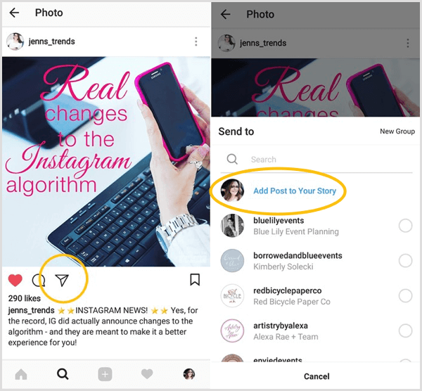 Poszukaj opcji Dodaj post do swojej historii, aby sprawdzić, czy masz dostęp do funkcji udostępniania na Instagramie.