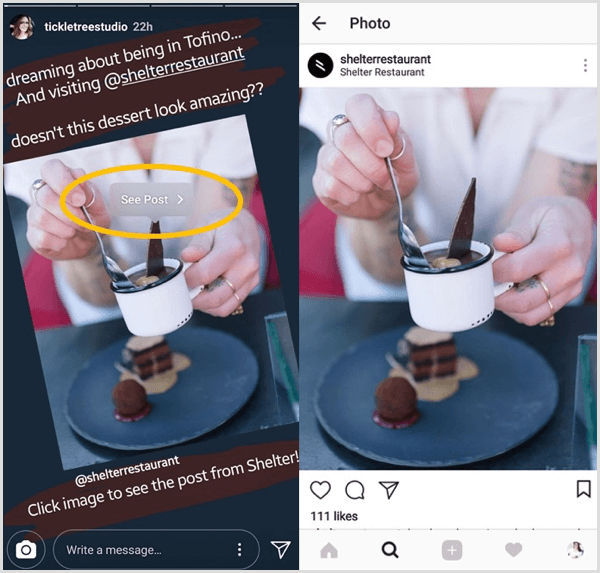 Stuknij udostępniony post na Instagramie, a następnie stuknij przycisk Zobacz post, aby przejść bezpośrednio do oryginalnego posta tego użytkownika.