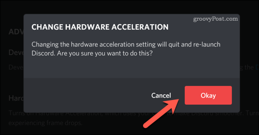 Potwierdzenie zmiany w ustawieniach przyspieszenia sprzętowego Discord