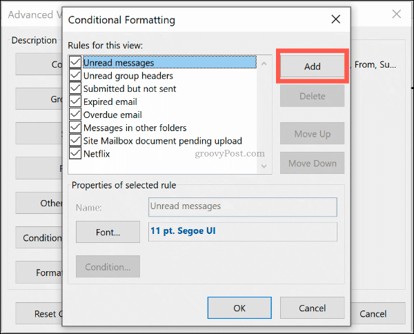 Kliknij Dodaj, aby dodać nową regułę formatu warunkowego w Outlooku