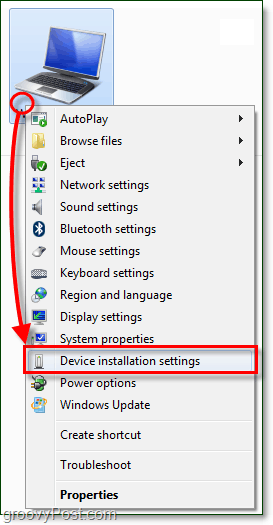w menu kontekstowym komputera z systemem Windows 7 i przejdź do ustawień instalacji urządzenia