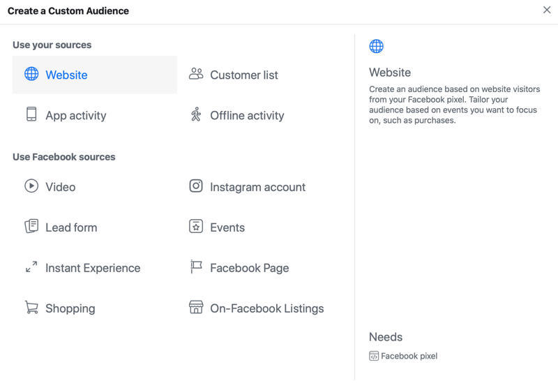opcje menu niestandardowych odbiorców reklamy na Facebooku z wybraną opcją źródła witryny