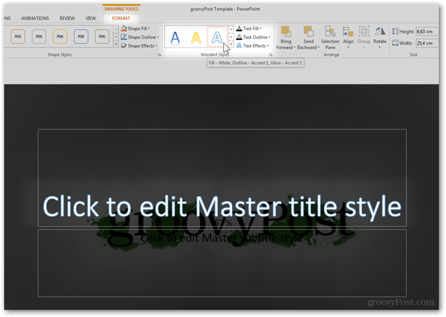 Szablon pakietu Office 2013 Utwórz Utwórz projekt POTX Dostosuj slajdy Samouczek Jak styl WordArt Czcionka Właściwości koloru Wstępnie zdefiniowany tekst