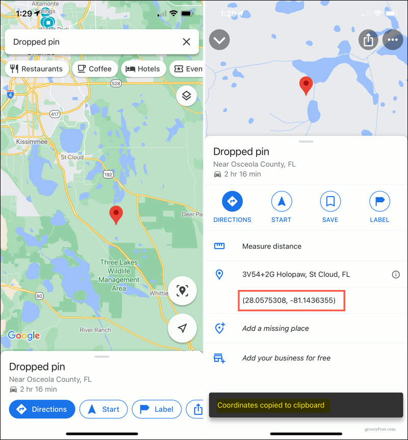 iPhone upuścił pinezkę w Mapach Google