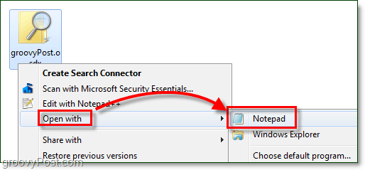 otwórz konektor wyszukiwania z notatnikiem, aby edytować go w systemie Windows 7